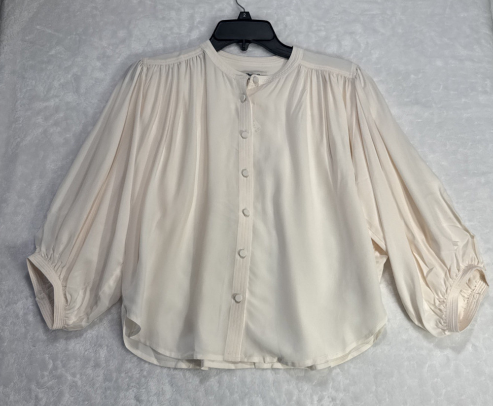 Madewell Shirred Crewneck Button Up Top Women's XS Beige Minimalist Pirate Work